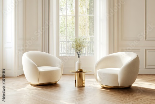 very light and bright interior of luxurious cozy living room with chic soft beige furniture with gold metallic elements, huge window to the floor and wooden parquet