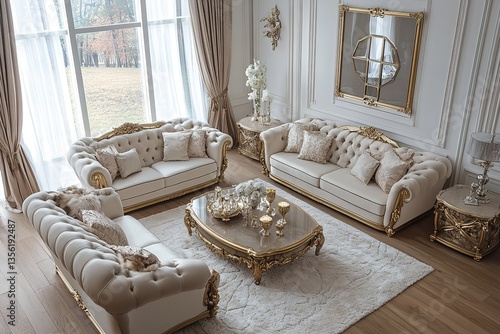 very light and bright interior of luxurious cozy living room with chic soft beige furniture with gold metallic elements, huge window to the floor and wooden parquet