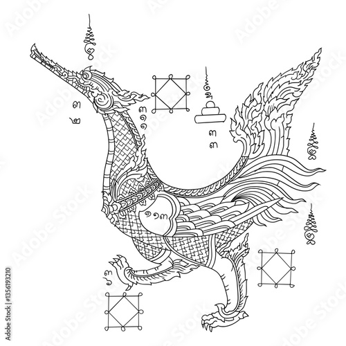 Thai traditional tattoo. Phaya Hong Thong Yantra or Golden Swan Yantra. Thai text translation: attractiveness and ability to gain favor from others