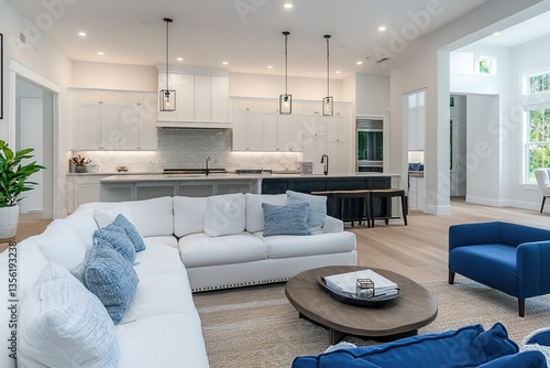 White living room and kitchen interior