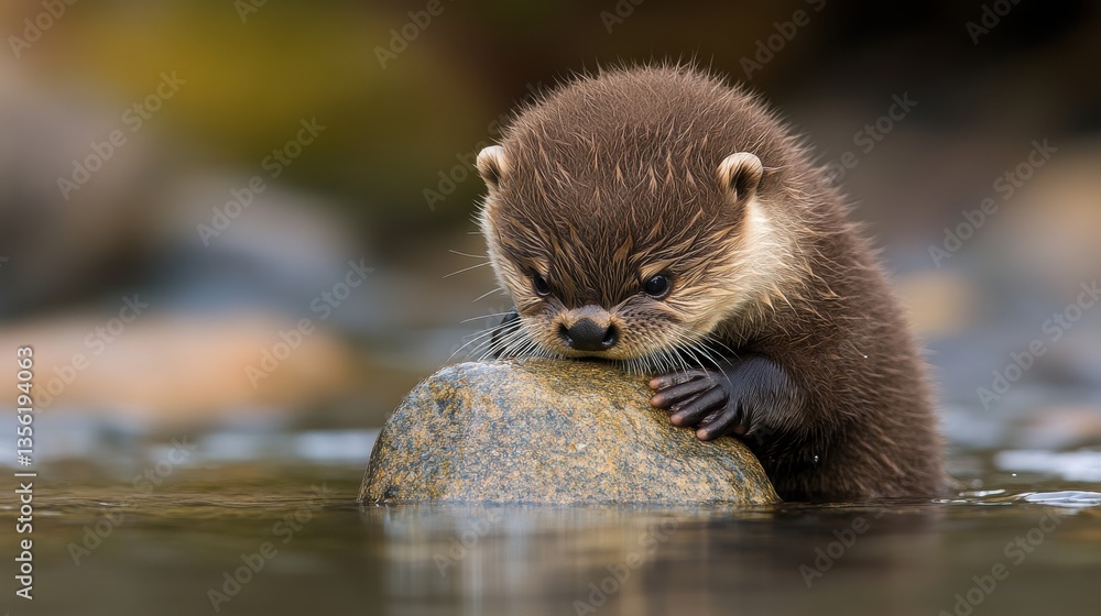 Playful Otter Kitten Examining a Rock in Calm Water Environment Playful Otter Kitten Examining a Rock in Calm Water Environment