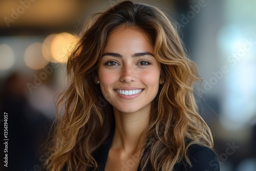 Bright smile of a young woman in a modern indoor setting Free Download Bright smile of a young woman in a modern indoor setting - GFXLoad