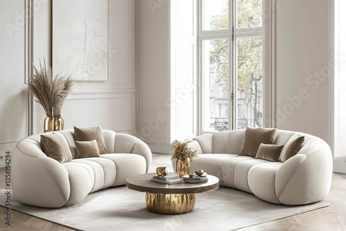 very light and bright interior of luxurious cozy living room with chic soft beige furniture with gold metallic elements, huge window to the floor and wooden parquet