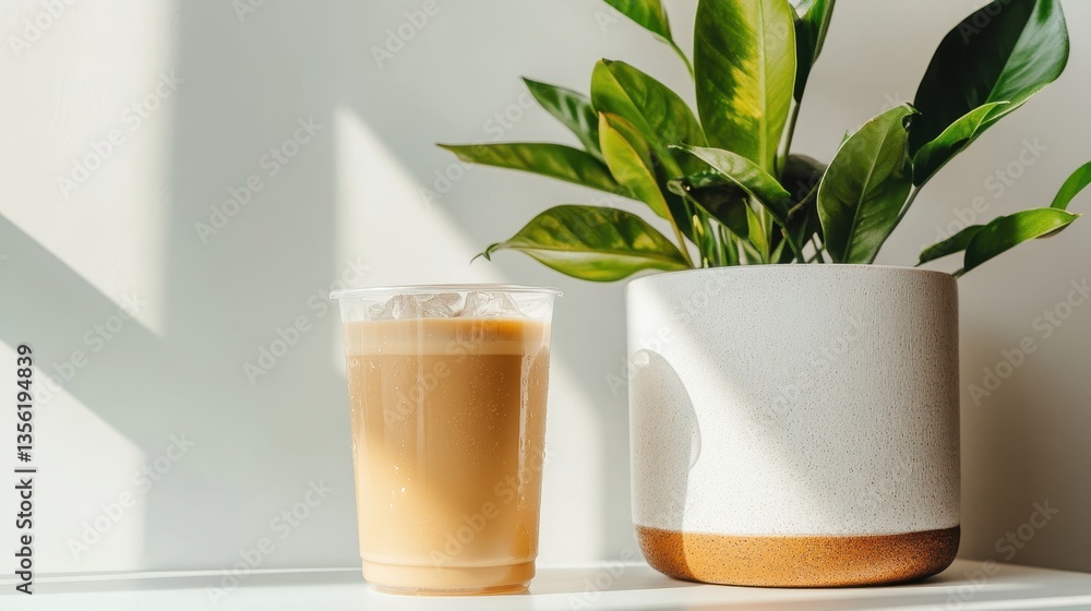 Refreshing Cold Brew Coffee Next to a Beautiful Potted Green Plant in Bright Sunlight Refreshing Cold Brew Coffee Next to a Beautiful Potted Green Plant in Bright Sunlight