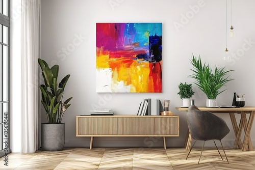 Stylish scandinavian living room with design furniture, plants, bamboo bookstand and wooden desk. Brown wooden parquet. Abstract painting on the white wall. Nice apartment. Modern decor bright room