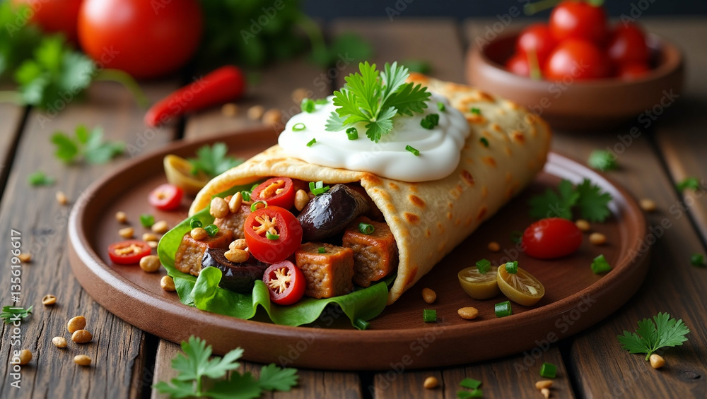 Delicious and Vibrant Vegan Burrito with Fresh Toppings on Rustic Wood Delicious and Vibrant Vegan Burrito with Fresh Toppings on Rustic Wood