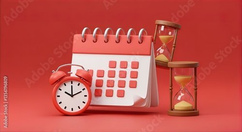 Calendar, Clock, & Hourglass 3D Render: Time Management, Deadline, & Productivity Concept for Business & Planning Visuals