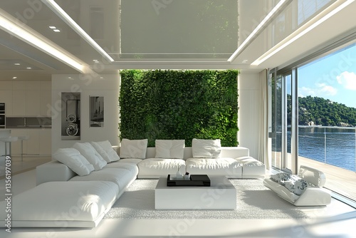 Vertical Green Wall in modern living room interior, 3d render