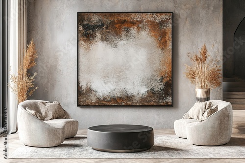 Stylish living room interior with armchairs and art decoration, mockup frame