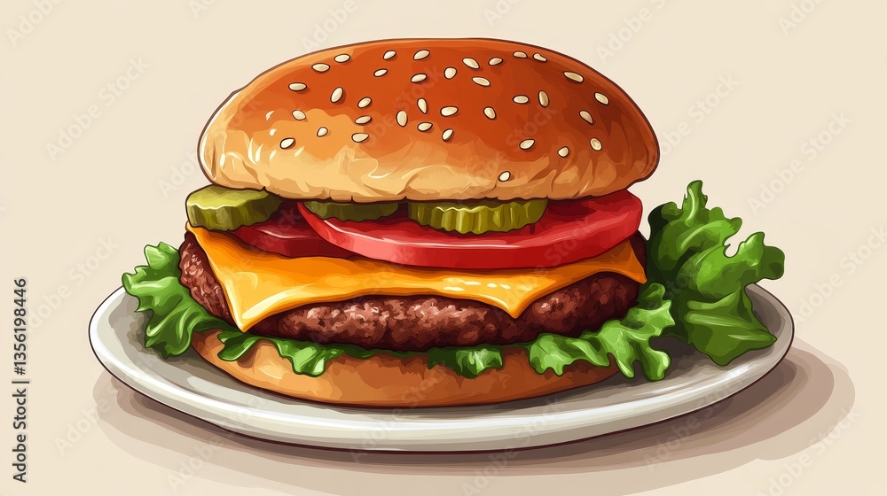 Juicy Hamburger with Cheese and Fresh Toppings on a Plate Juicy Hamburger with Cheese and Fresh Toppings on a Plate