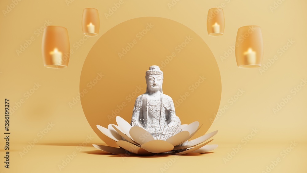 Vesak, Buddha Purnima background for sacred Buddhist festival celebrating enlightenment, meditation, and spiritual harmony. 3d render gretting card with lanterns, Buddha statue oerings, lotus owers. Vesak, Buddha Purnima background for sacred Buddhist festival celebrating enlightenment, meditation, and spiritual harmony. 3d render gretting card with lanterns, Buddha statue oerings, lotus owers.