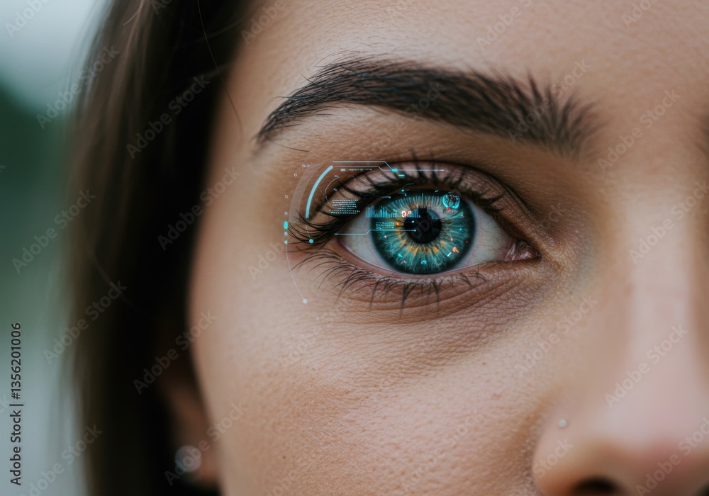 Naklejka premium A close-up shows a woman's eye with digital interface elements, illustrating future vision technology.