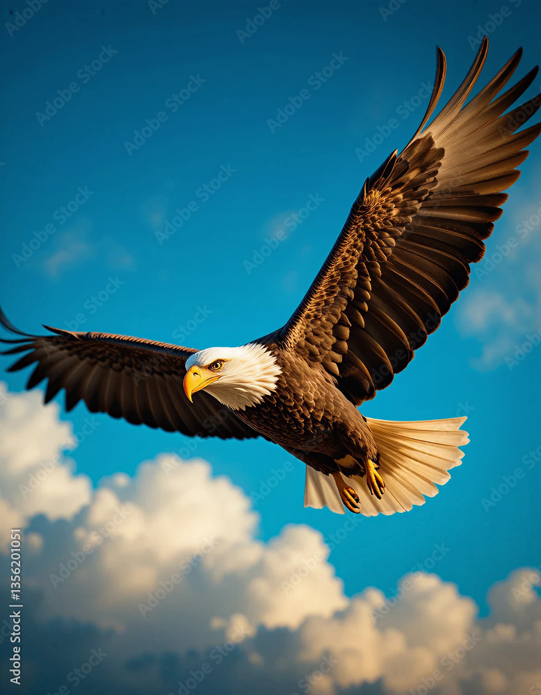 Obraz premium A majestic bald eagle soars in the sky, taken mid-flight with its wings fully spread. The bird's sharp yellow beak and piercing eyes are in perfect focus, with each feather highly detailed.