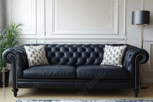 Stylish living room interior with comfortable dark sofa