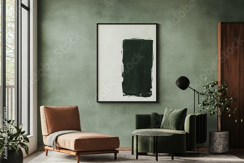 Vertical mock up poster frame in olive green modern interior background, living room, Scandinavian style.