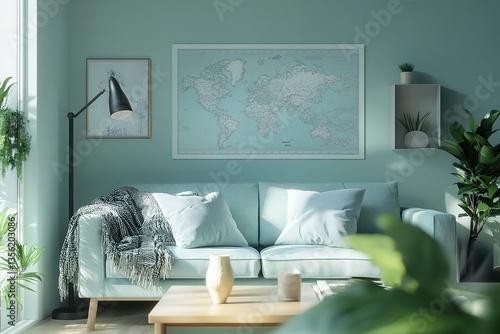 Stylish scandinavian living room interior with design mint sofa, furnitures, mock up poster map, plants, and elegant personal accessories. Home decor. Interior design. Template. Ready to use.