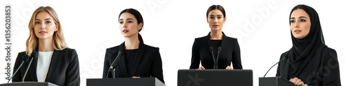 set of A female speaker on stage, a woman's speech, a woman giving her speech, a woman on stage, a woman's speech, a woman in a speech, a woman, on a transparent backgrounds