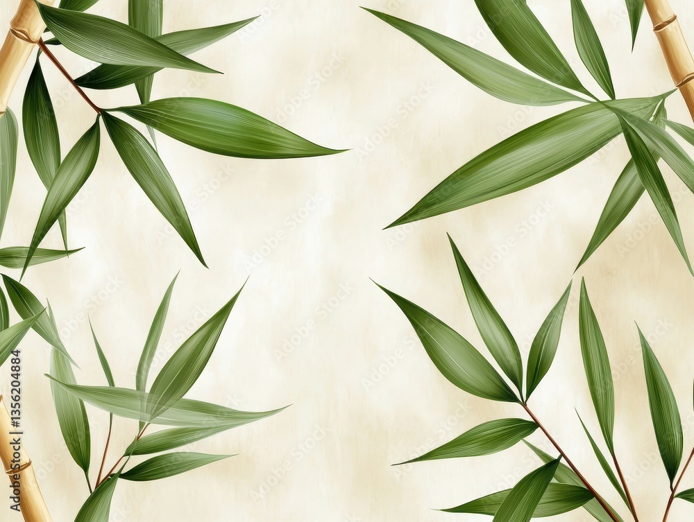 Fototapeta premium Lush green bamboo leaves framed on a soft beige background.