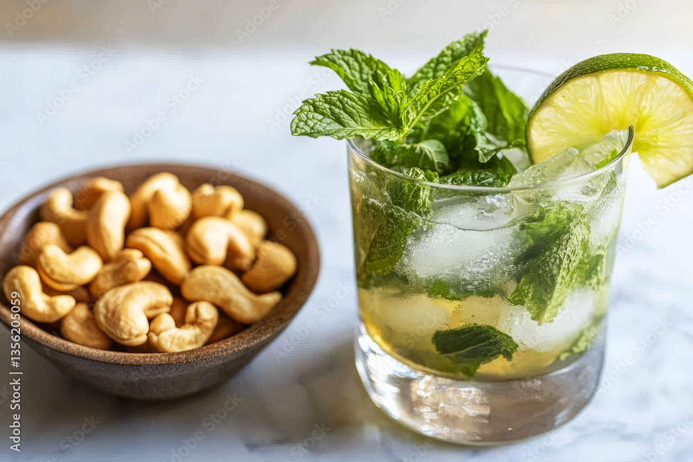 Fototapeta premium Refreshing Beverage with Fresh Mint and Lime Next to a Bowl of Cashew Nuts