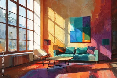 Stylized as an oil painting a modern interior room has colorful walls large windows and stylish furniture with a bright and stylish design
