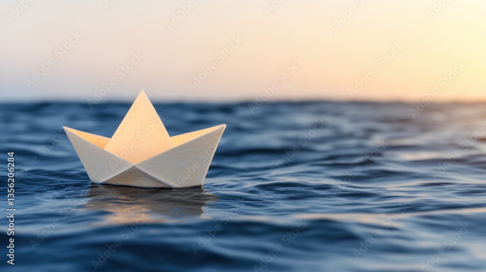 Obraz premium A paper boat floats gently on calm water under a serene sunset.