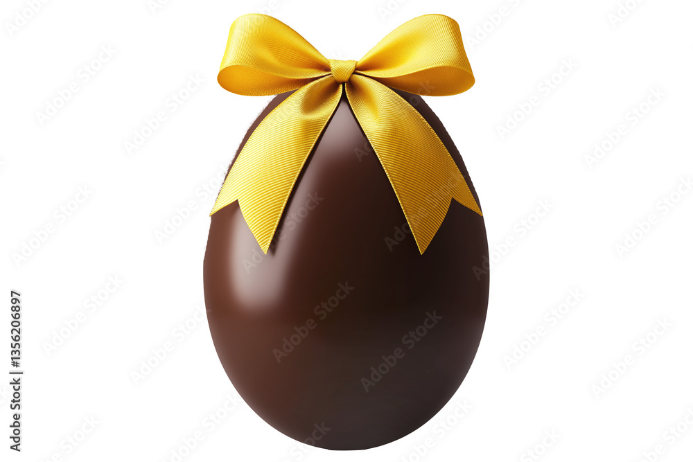 Glossy chocolate Easter egg tied with yellow ribbon in bow, isolated on white transparent background. Festive and sweet holiday celebration concept Glossy chocolate Easter egg tied with yellow ribbon in bow, isolated on white transparent background. Festive and sweet holiday celebration concept