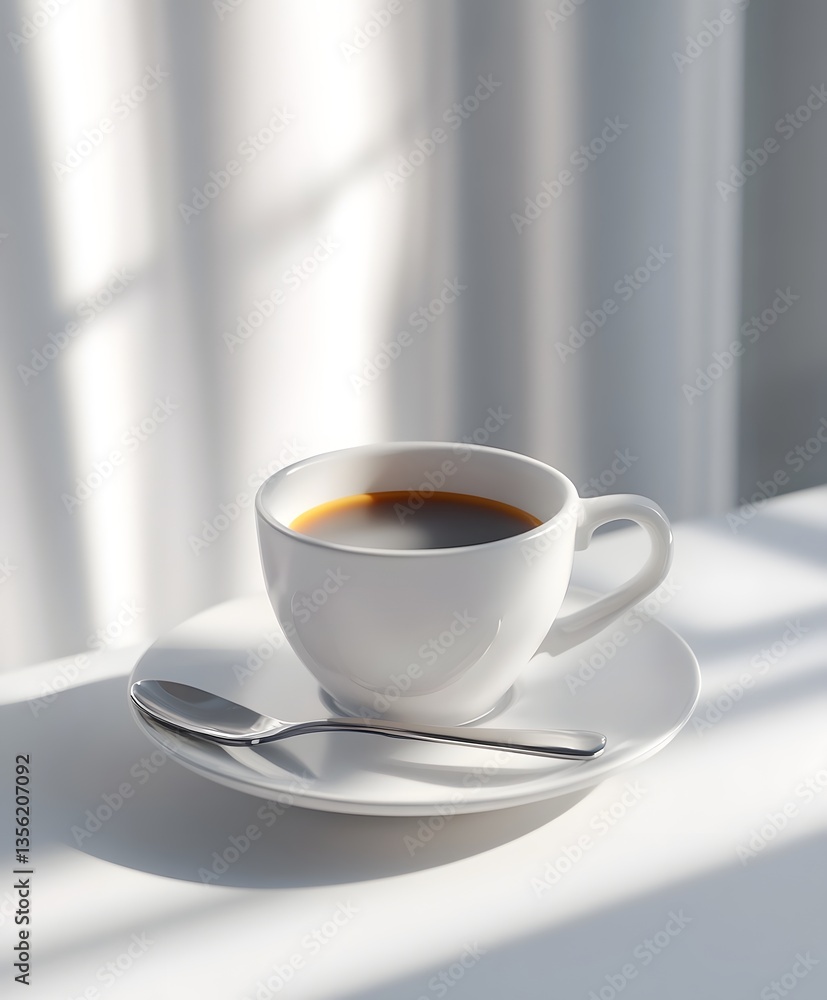 Espresso cup on a saucer with a spoon in bright high contrast lighting Espresso cup on a saucer with a spoon in bright high contrast lighting