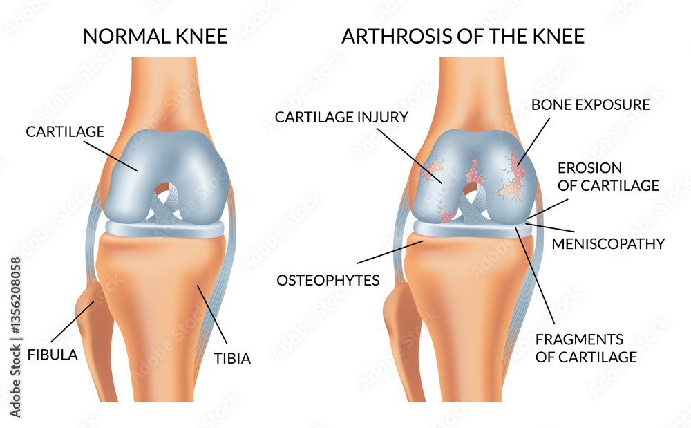 Knee arthrosis. Healthy knee and sore knee with damaged structure. Bone exposure damaged and healthy knee structure comparison. Medical poster with foot bones. Isolated illustration