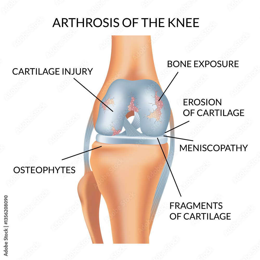 Knee arthrosis. Unhealthy knee structure. Bone exposure, damaged knee structure comparison. Medical poster with foot bones. Isolated illustration