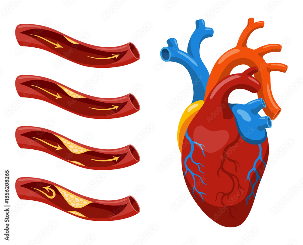 Atherosclerosis stages. Anatomy of heart attack. Arteriosclerotic vascular disease or ASVD. Atherosclerotic plaque in coronary artery. illustration on white background