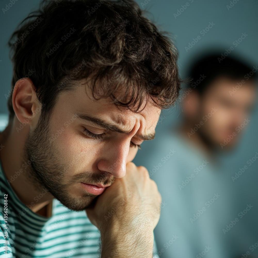 Fototapeta premium Man deeply thinking, with blurry person