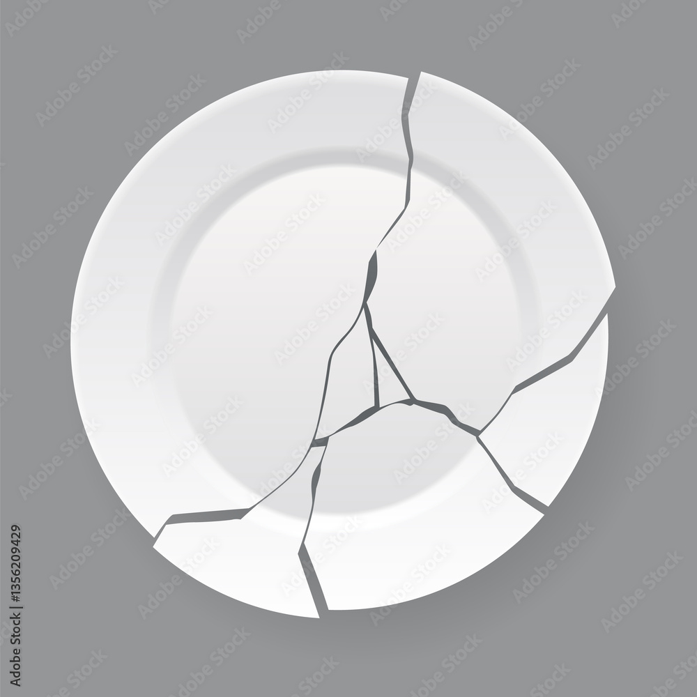Broken white plate. Shattered food plate, cracked porcelain dish. Dishware with damage. Icon isolated on white background. illustration