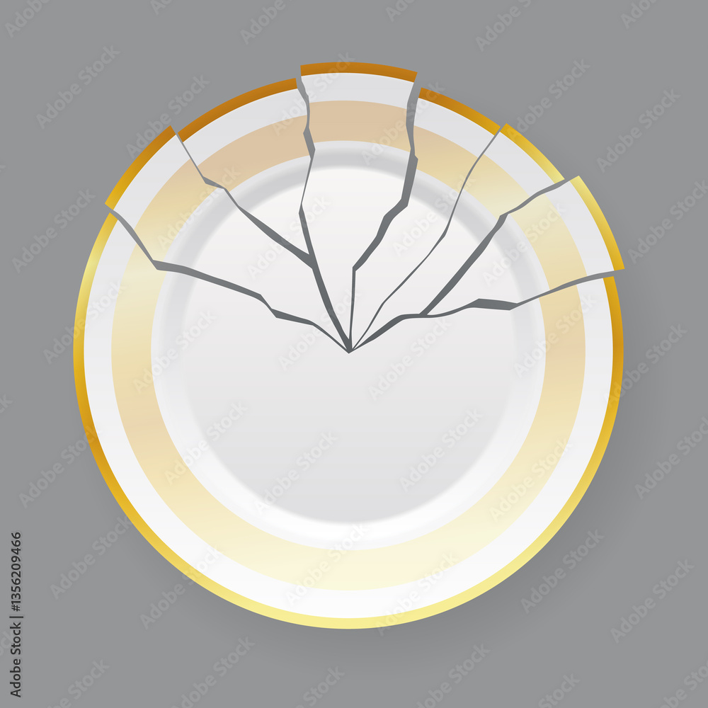 Broken white plate. Shattered food plate, cracked porcelain dish. Dishware with damage. Icon isolated on white background. illustration