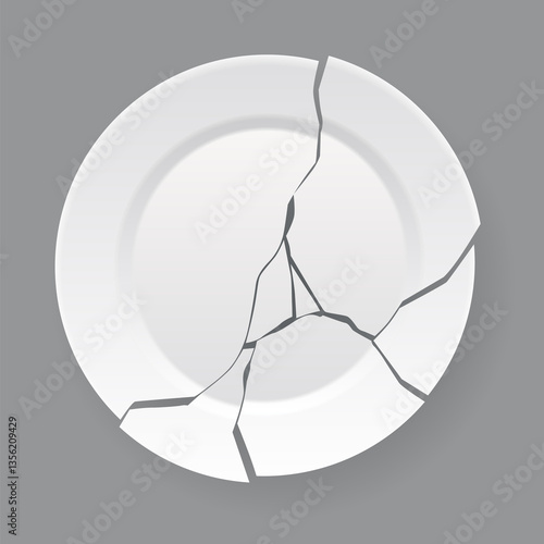 Obraz na płótnie Broken white plate. Shattered food plate, cracked porcelain dish. Dishware with damage. Icon isolated on white background. illustration w salonie