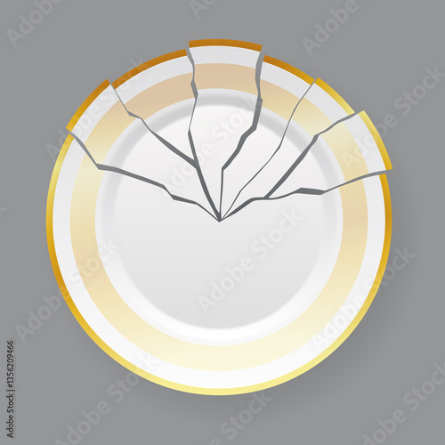 Broken white plate. Shattered food plate, cracked porcelain dish. Dishware with damage. Icon isolated on white background. illustration