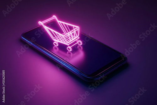 Illuminated Neon Shopping Cart Symbol on Smartphone Screen with Purple Background