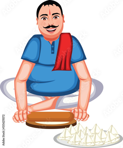 indian confectioner Making Bread For Samosa By Rolling Pin Cartoon Character Vector Illustration