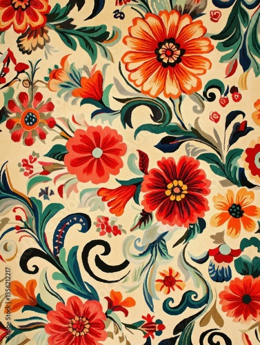Intricate Floral Tapestry: A Vivid Composition of Blossoms and Ornamented Scrolls