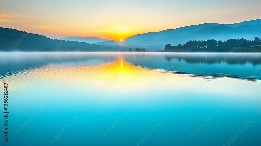 Fototapeta premium Sunrise over misty mountain lake reflecting dawn