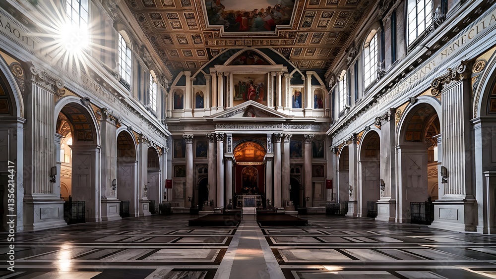 Obraz premium Empty interiors and architectural details of Church with sun rays