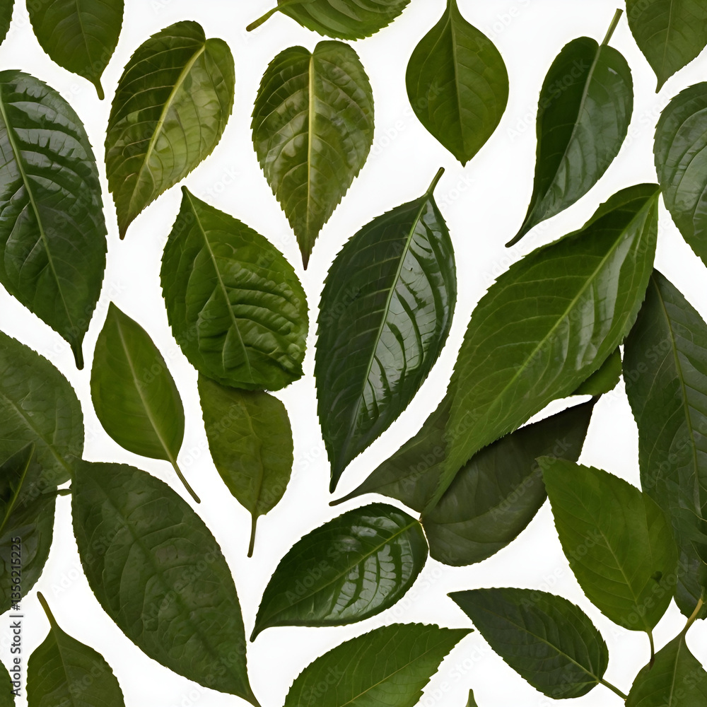Fototapeta premium A Studio Arrangement of Green Leaves, Set Against a White Background, Highlighting the Timeless Appeal
