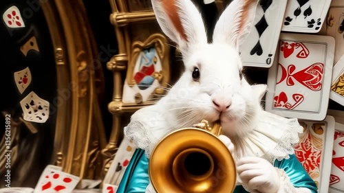 White crazy rabbit with a pocket watch from the fairy tale Alice in Wonderland