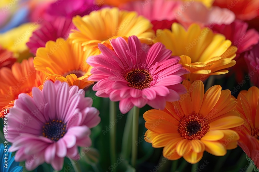 A colorful array of brightly hued gerbera daisies in bloom A colorful array of brightly hued gerbera daisies in bloom