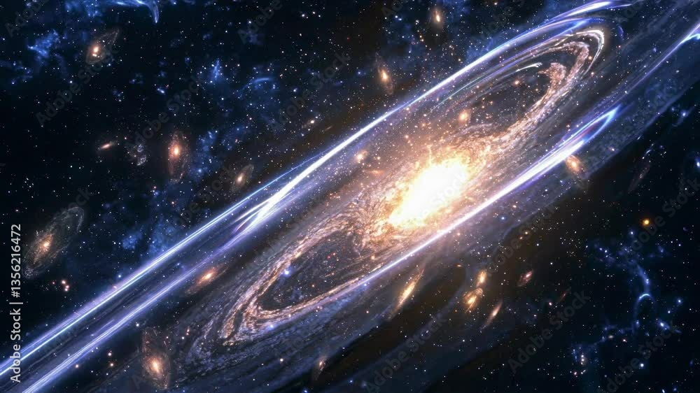 A mesmerizing cosmic video scene of swirling galaxies from a wide-angle perspective, showcasing vibrant colors and dynamic celestial formations. Live desktop wallpaper.