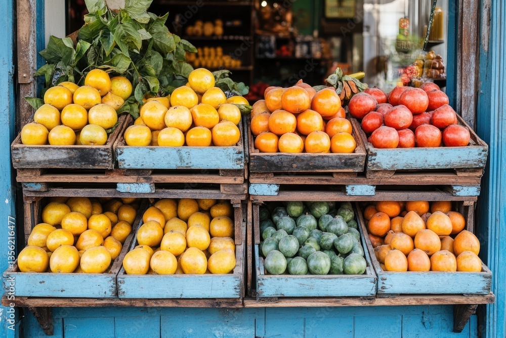 A colorful arrangement of various fruits in wooden crates A colorful arrangement of various fruits in wooden crates
