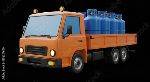 Cartoon Gas Truck: 3D Render of Orange Flatbed Truck Transporting Blue Propane Tanks - Delivery, Fuel, Transportation, Commercial Vehicle