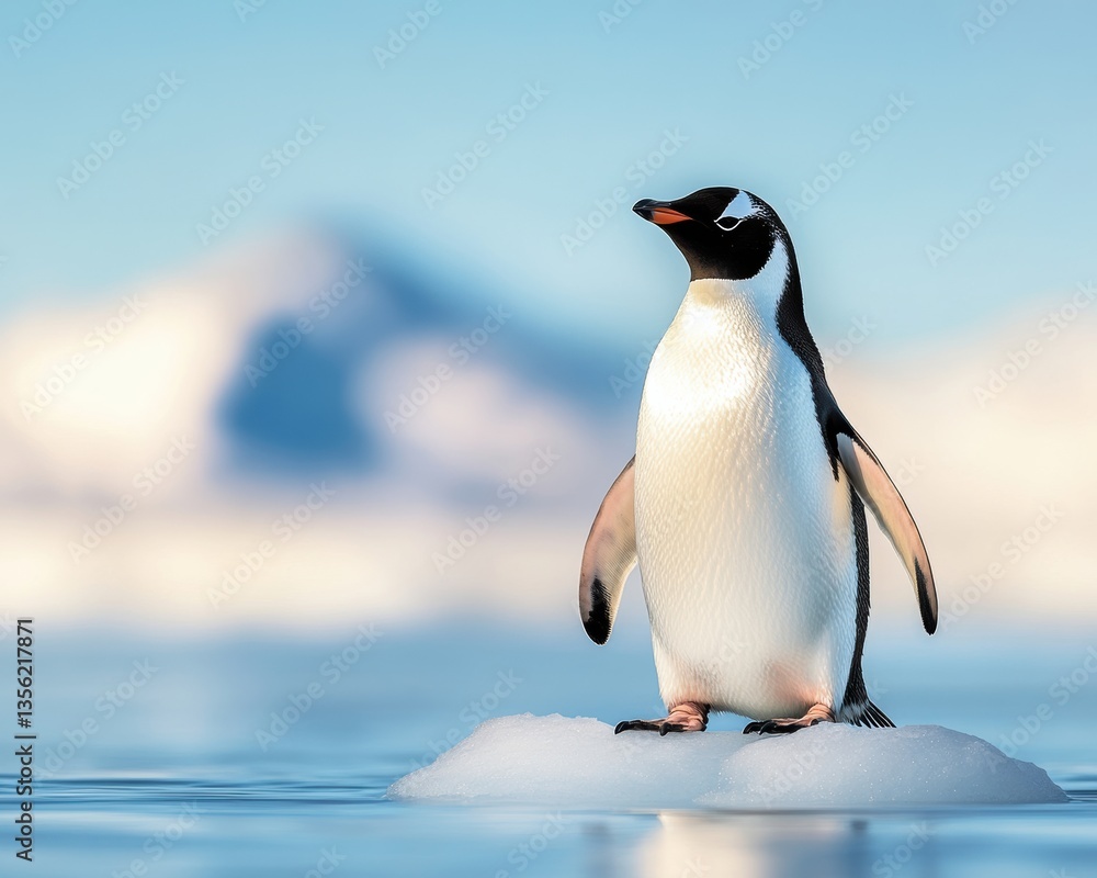 Fototapeta premium Penguin stands on ice in a serene Antarctic landscape during a clear sunny day with soft blue tones in the background