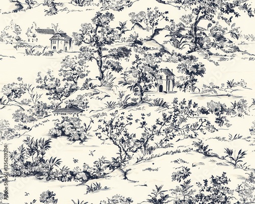 Elegant Blue and White Toile Landscape Pattern Houses Trees Flowers Seamless Repeat