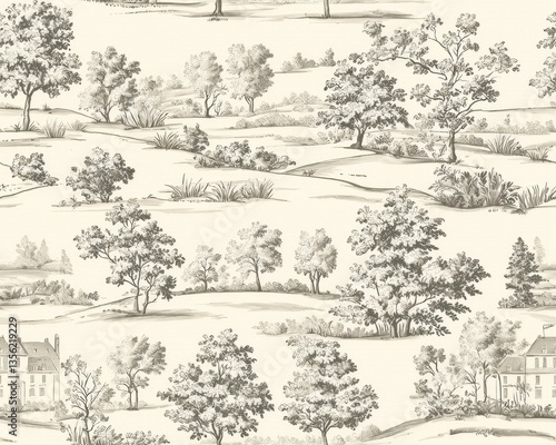 Elegant Grey and White Toile Landscape Wallpaper Pattern Featuring Trees Houses and Rolling Hills