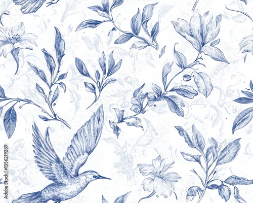 Elegant Blue Floral and Hummingbird Seamless Pattern Design Botanical Illustration Vintage Style